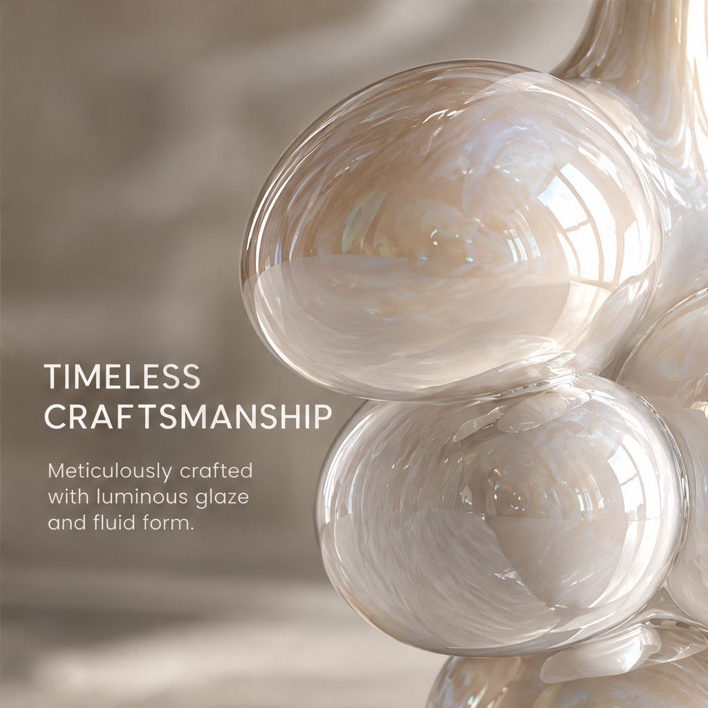 MARVOLM bubble-cluster tall-neck sculptural vase clean product shot — four iridescent spheres cluster around a slender rising neck on round base, neutral background