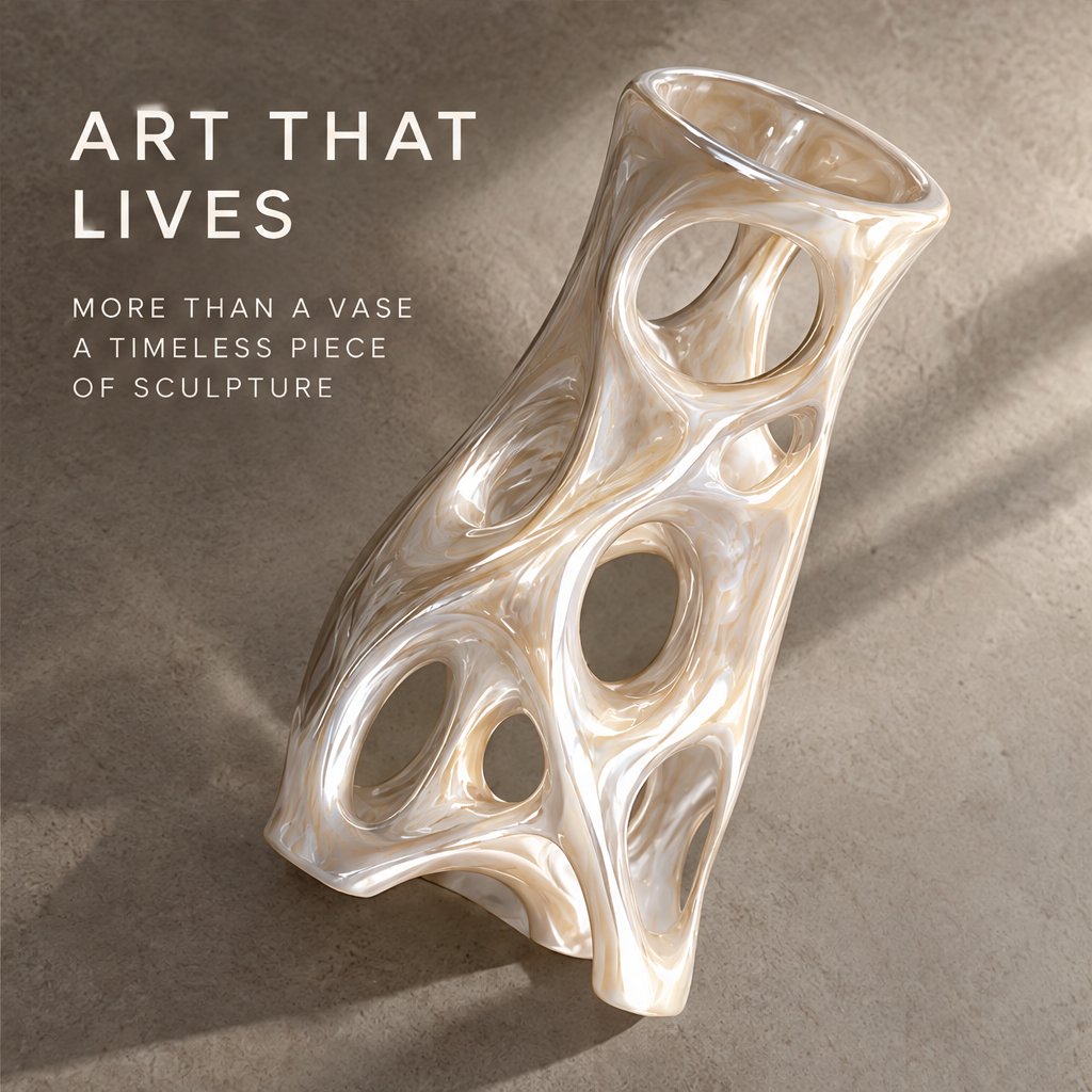 MARVOLM open-weave vase tilted on sandy surface — Art That Lives, more than a vase, a timeless piece of sculpture