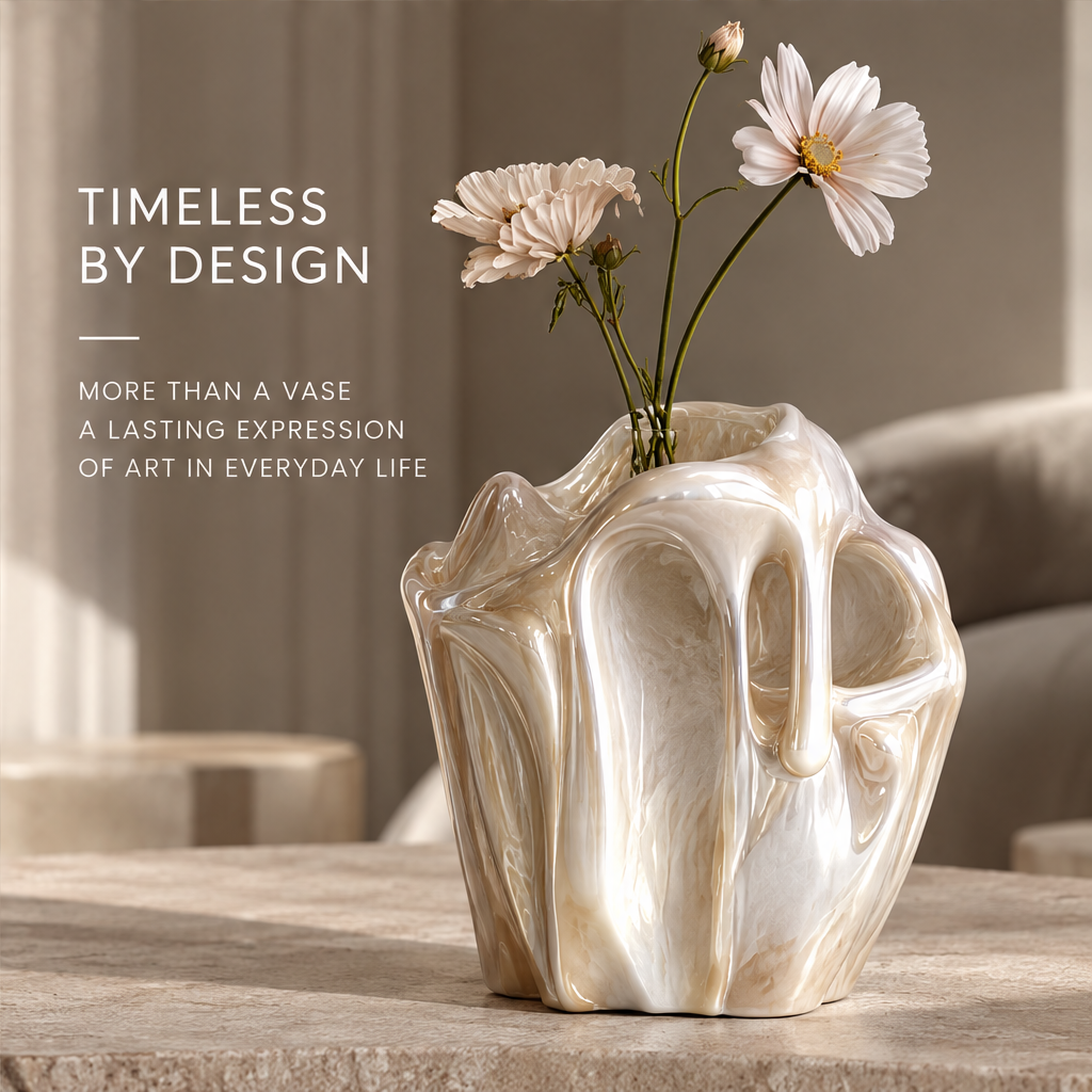 MARVOLM ruffle-rim vase in interior setting with sofa — Timeless by Design, more than a vase, a lasting expression of art in everyday life
