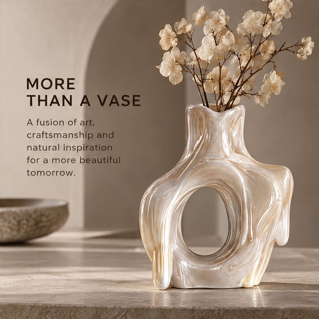 MARVOLM lava-flow vase beside raw stone in warm directional light — Sculpted by Nature, a vase inspired by flowing lava where movement meets modern living