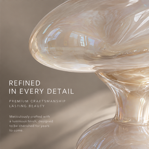 MARVOLM mushroom-cap sculptural vase with white peonies and orchid branches in soft interior — Beauty in Motion, more than a vase, a feeling that brings calm and poetic movement