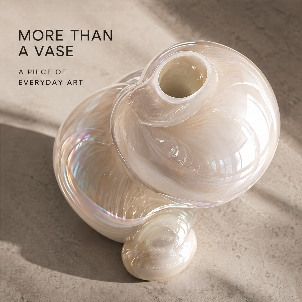 MARVOLM bubble-stack sculptural vase with white chrysanthemum in soft curtained interior — Sculpted for a Calmer Tomorrow, organic form brings poetry into every space