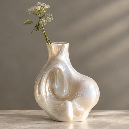 MARVOLM bulbous vase neck and shoulder close-up — Lava-Inspired Elegance, where movement meets stillness, iridescent champagne glaze flowing surface detail