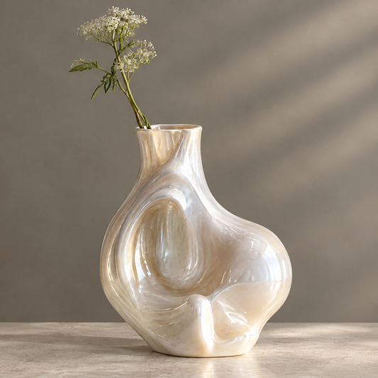 MARVOLM bulbous vase neck and shoulder close-up — Lava-Inspired Elegance, where movement meets stillness, iridescent champagne glaze flowing surface detail